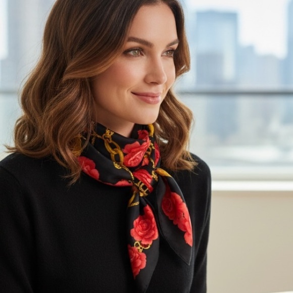 Large Black Satin Scarf with Gold Chain Print & Red Floral Border Square Scarf - Picture 11 of 12